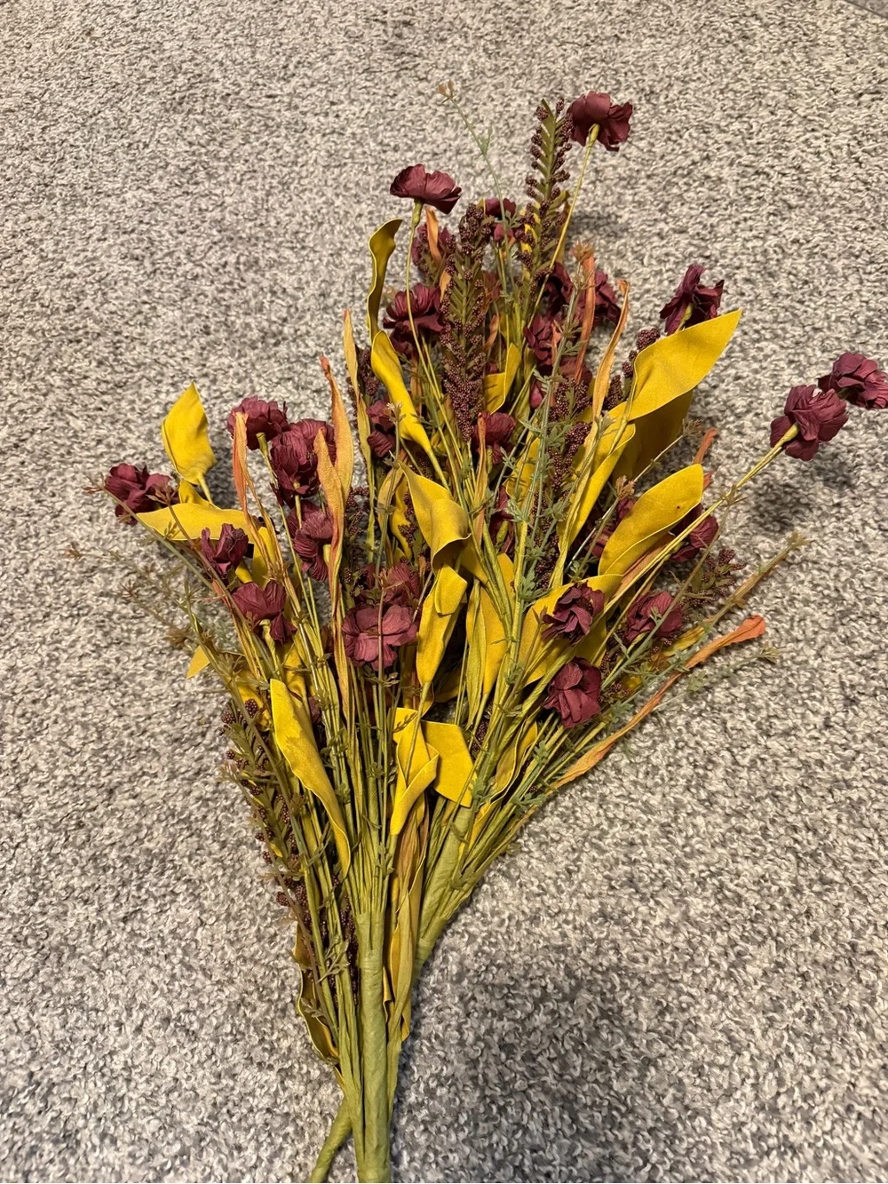 Faux Autumn Floral Spray Bouquet - Yellow and Burgundy
